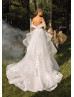 Off Shoulder Ivory Lace Tulle Ruffled Wedding Dress With Horsehair Trim